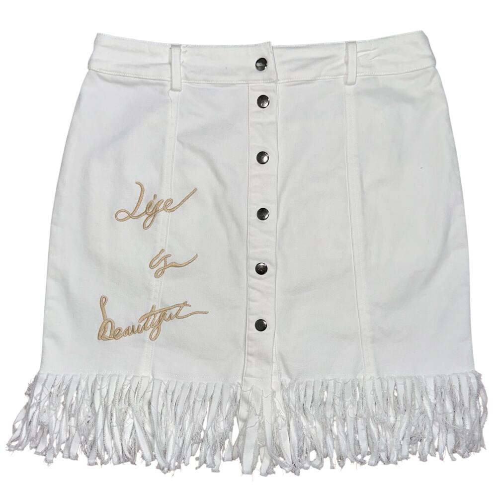 Gianni Bini White Denim ‘Life Is Beautiful’ Fringe Snap Front Mini Skirt Size M
